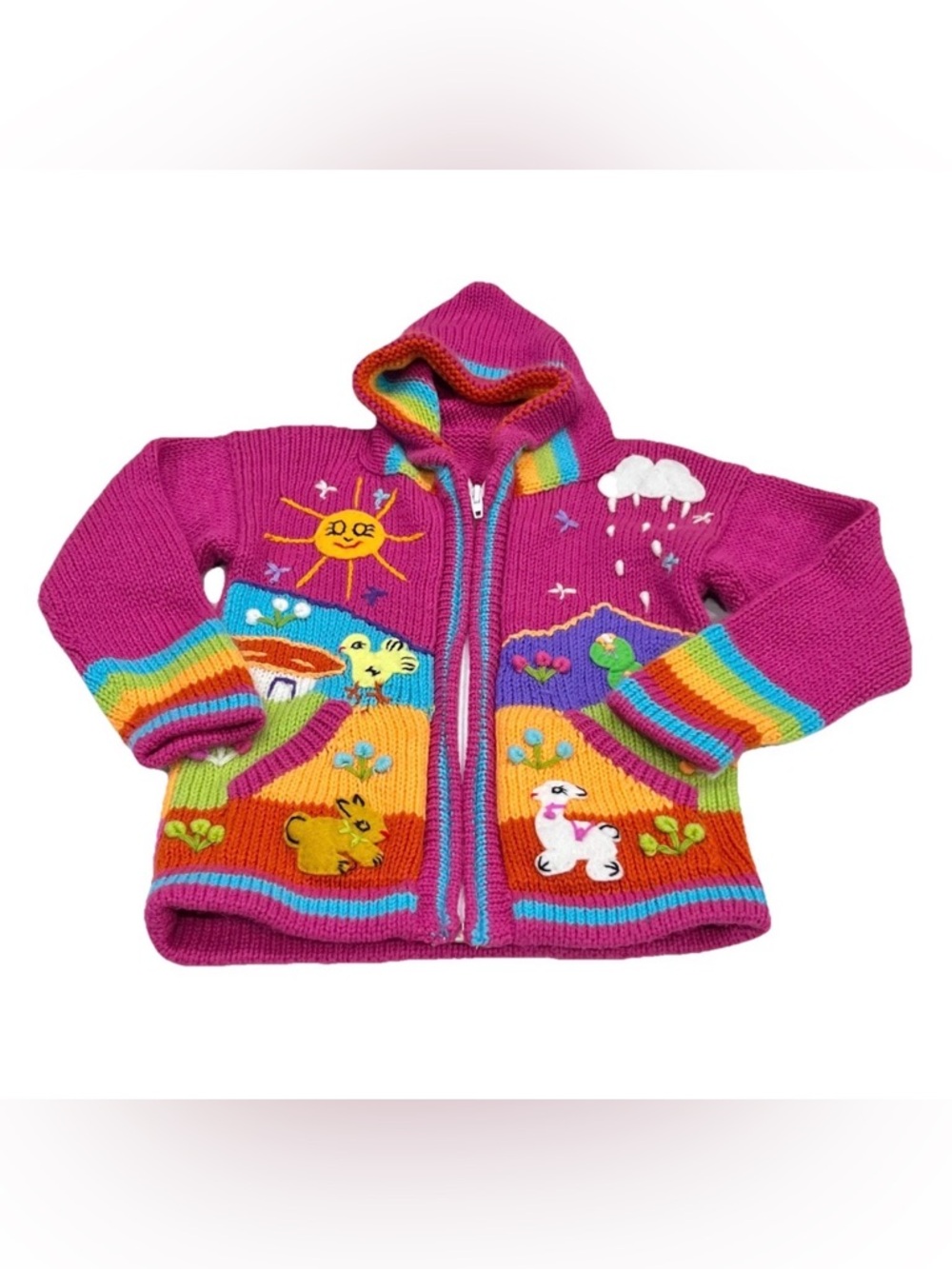 Hand Knit Cardigan Sweater 2T  Full Zip w/ Hood Embroidered & Appliqué Peruvian